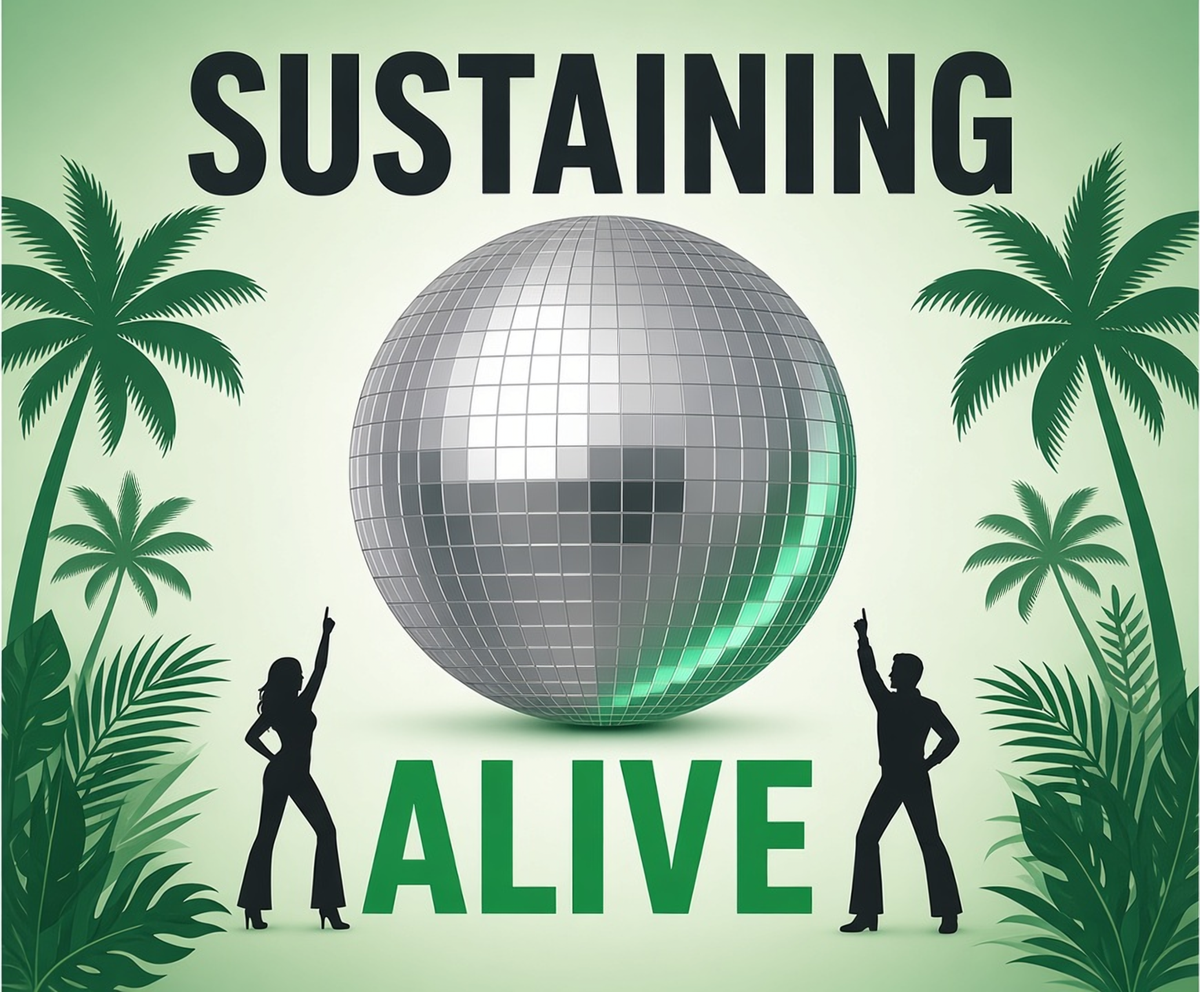 Sustaining Alive logo: a disco ball and two dancers